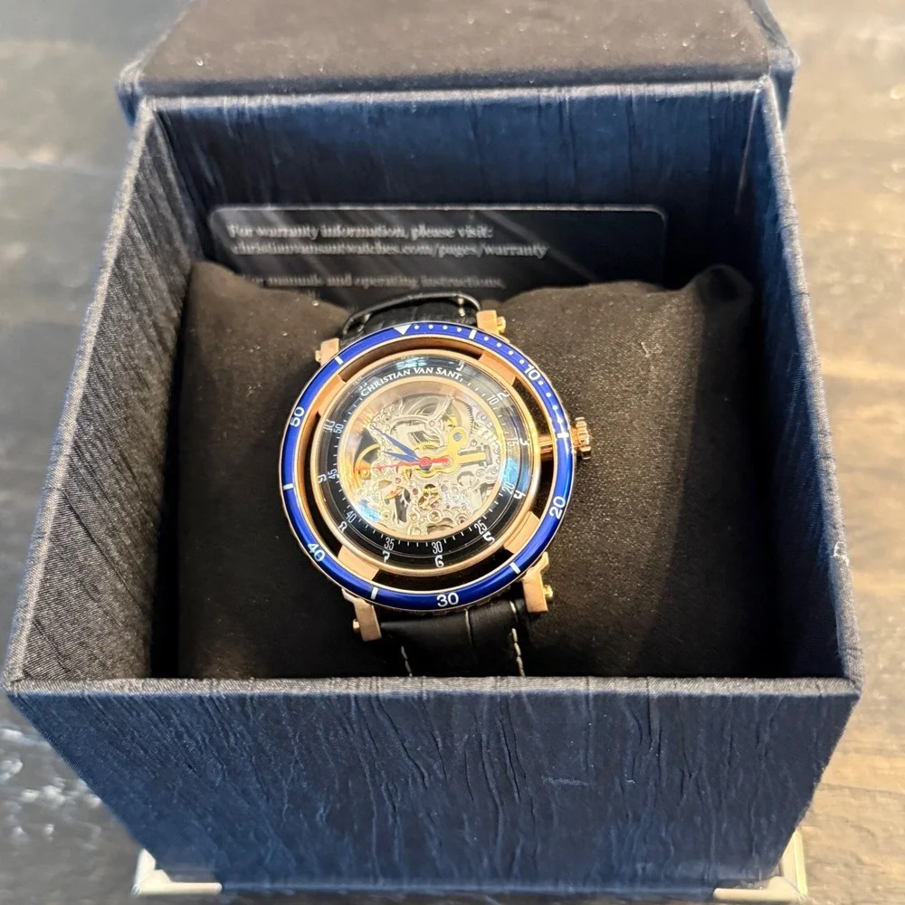 Christian Van Sant CV0743 Montego Skeleton Automatic Watch Rose Gold Blue Bezel